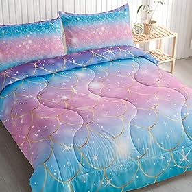 Roscloud Kids Mermaid Scale Twin/Full Comforter Sets Rainbow Girls Bedding Sets - Clolorful Scale Golden Border Diamonds… 51G+eG+qXSL. SS280