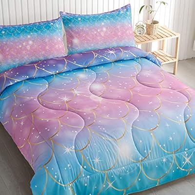 Roscloud Kids Mermaid Scale Twin/Full Comforter Sets Rainbow Girls Bedding Sets - Clolorful Scale Golden Border Diamonds… 51G+eG+qXSL. SS400