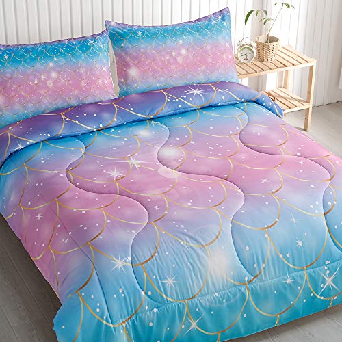 Roscloud-Kids-Mermaid-Scale-TwinFull-Comforter-Sets-Rainbow-Girls-Bedding-Sets-Clolorful-Scale-Golden-Border-Diamonds-Pearl-Stars-Quilt-Set-Bedspread-7286-Inch-Comforter1-Pillowcase2 51G+eG+qXSL