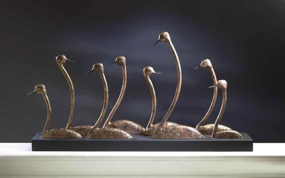 Swan Family Sculpture in Antique Gold and Bronze