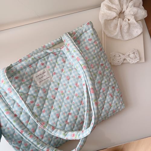 Image of Floral Quilted Cotton Shoulder Bag for Women Daily Use Medium Size Handbag Large Capacity Thickened Design Tote