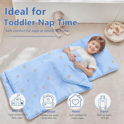 Image of Cotton Toddler Nap Mat with Pillow and Blanket,Extra Large Rolled Napping Mats,Slumber Bags for Boys Girls,Kids Sleeping Mat for Daycare,Preschool Kindergarten-Blue Fish