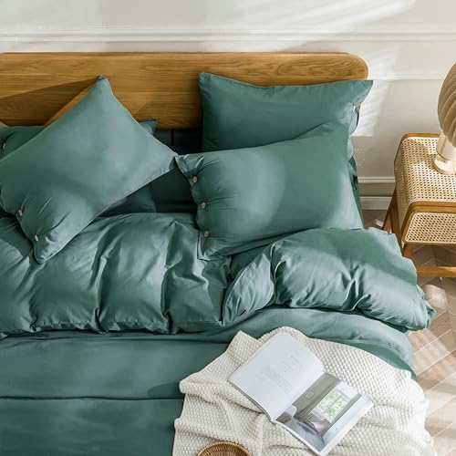 Image of JELLYMONI Cotton Duvet Cover Queen Size - Dark Green Comforter Cover with Button 100% Washed Cotton 3PCS Breathable Soft Solid Bedding Set Duvet Cover 90x90in & 2 Pillowcases (NO Comforter)