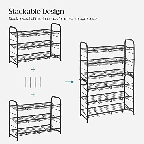 SONGMICS Stackable Shoe Rack, 3-Tier Shoe Rack Storage Organizer, Holds up to 12 Pairs, Steel, 27 x 10.8 x 19.5 Inches, for High Heels, Sneakers, Slippers, in The Entryway, Closet, Black ULMR066B01