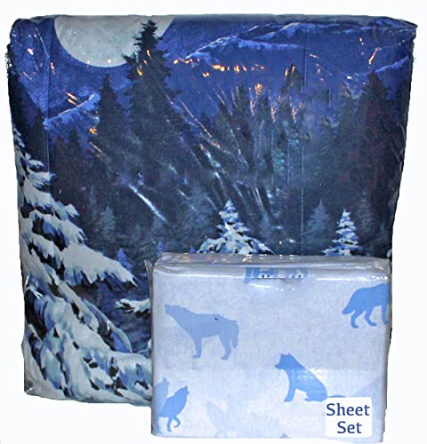 Wolves Midnight Blue Comforter Set & Sheets Wildlife Lodge Cabin (Bed In A Bag) (8Pc Queen Size) #TOP5