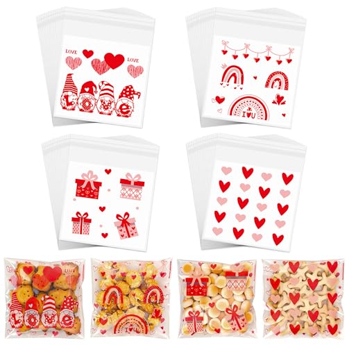 Valentines Self-Sealing Cookie Bags - 4x4 Inch 100 Pcs Plastic Red Valentines Cellophane Treat Bags for Candy Gifts Snack, Clear Valentines Goodie Bags for Classroom Exchange, Party Favors - 2.8 Mil