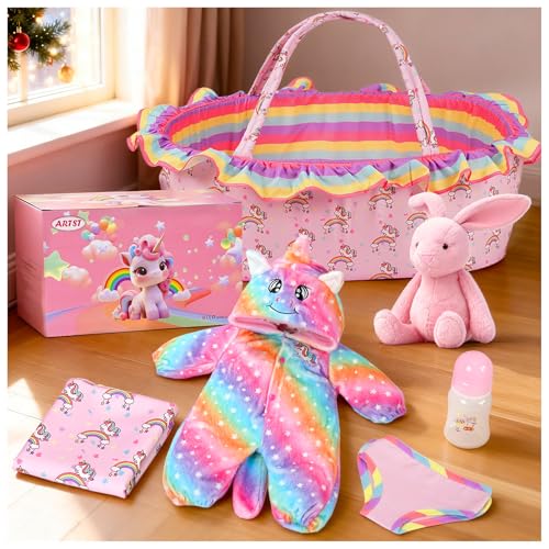 ARTST Reborn Baby Doll Clothes with Bassinet Rainbow Unicorn Reborn Baby Doll Accessories Outfit Set for 17-22 inch Newborn Babies Realistic Toy Gift for 3-12 age Girls Boys