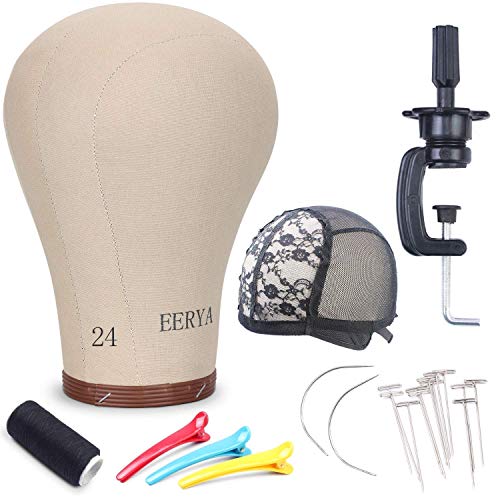 Eerya 24 Inch Cork Canvas Block Head With Mannequin Head Tripod Stand Set Wigs Display Doll Head For Wig Making Drying Styling Included Clips T-Pins Curved Needles Thread Wig Cap #TOP1