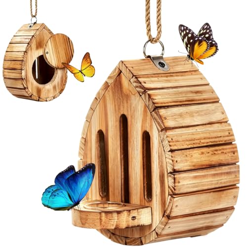 Wooden Butterfly House for Outside Hanging Butterfly Habitat & Feeder with Rope Decorative Bee Hotel Butterflies Shelter Decor for Garden