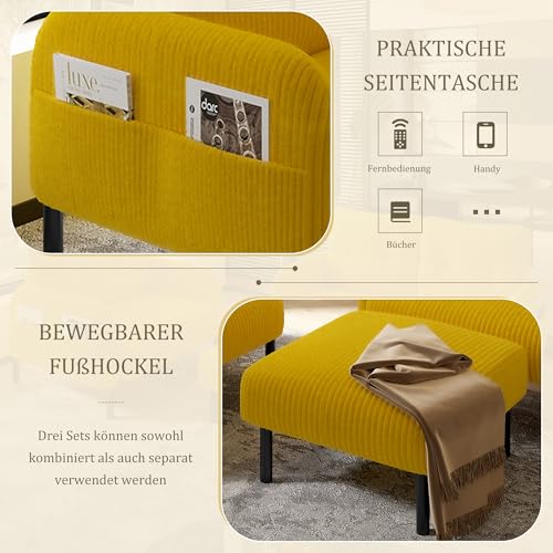 Cord 3er-Set Sessel + Hocker + 2-Sitzer Sofa mit Seitentasche Stahlrohrgestell & extraweiche Rückenlehne Tiefe Sitzfläche Modular kombinierbar für Wohnzimmer, Senfgelb – Bild 6