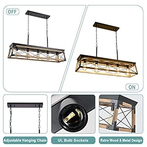 Airposta Farmhouse Rustic Wood Chandelier, 5 Lights Metal Rectangle Dining Room Swag Lighting, Kitchen Island Industrial Linear Cage Pendant Light Fixtures Hanging Lamp Airposta Farmhouse Rustic Wood Chandelier 5 Lights Metal Rectangle Dining Room Swag Lighting Kitchen Island Industrial Linear Cage Pendant Light Fixtures Hanging Lamp