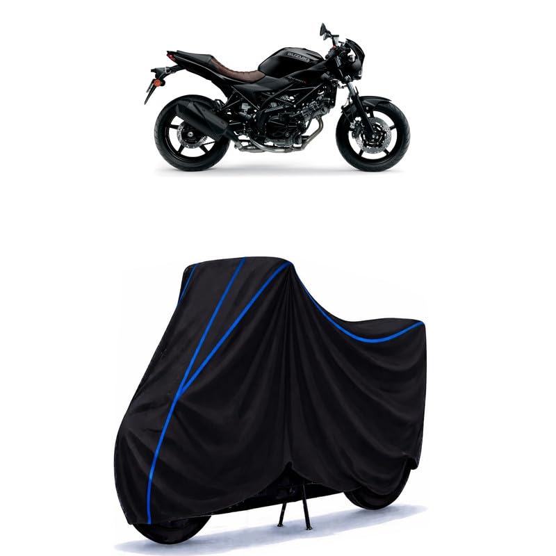 Image of Suzuki SV 650 Bike Cover Water Resistant Universal Motorcycle Rain | Heavy Duty UV Protection, Dust, Scratch Indoor Outdoor All Weather with Black Blue Piping Elastic