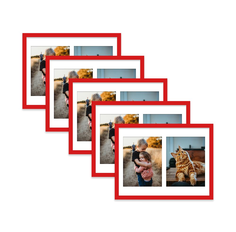 Red Multi Photo Frame - Holds 2 x 9x7 Pictures, Family Collage Picture Frame for Wall Display, 16x12 Frame size, Set of 5