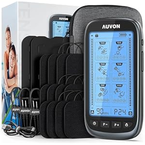AUVON 3-in-1 TENS Unit Muscle Stimulator, Dual Channel Electronic Pulse Massager, TENS EMS Machine, 24 Modes Muscle Massager for Pain Relief Therapy, EVA Travel Case, 12 Pcs TENS Unit Electrodes Pads