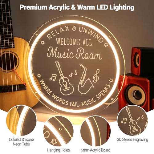 Image of Live Music Neon Sign for Music Studio, Guitar LED Light Up Signs for Wall Decor, 3D Art Dimmable Neon Light USB for Bedroom Game Room Man Cave Party Aesthetics Decor, 12x12 Inch