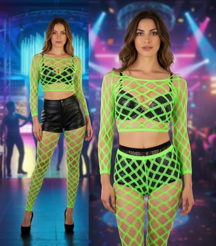 Image of ToBeInStyle Women's Spandex Multi Net Fishnet Set Rave Novelty Party Crop Top & Tights