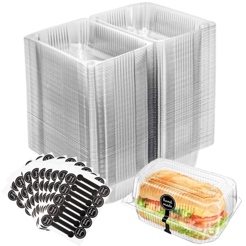 Peohud 100 Pcs Plastic Hinged Food Containers, Clear Clamshell Takeout Containers with 100 Pcs Seal Stickers, Disposable To Go Container for Salads, Sandwich, Hamburger, Fruit, Cake, Cookie