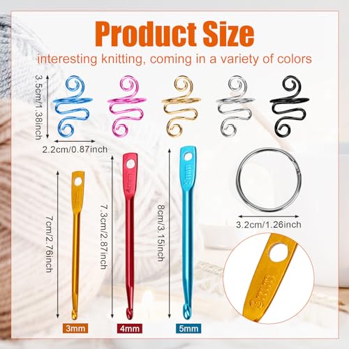 5pcs Crochet Ring, Adjustable Crochet Tension Ring with 3/4/5mm Crochet Hook Keychain Crochet Loop Guide Ring for Finger Crocheting & Knitting Yarn Ring Gift Accessories for Women Mom Knitting Lover
