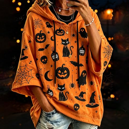 Halloween Womans Hoodies Pumpkin Cat Ghost Print 3/4 Sleeve Sweatshirts - image 2