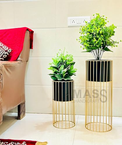 Image of Modern Metal Decorative Floor Standing White And Gold Indoor Outdoor Plant Stand With Pot For Home Decor Living Room Office Bedroom Balcony Set of 2 Flower Pots (Black)