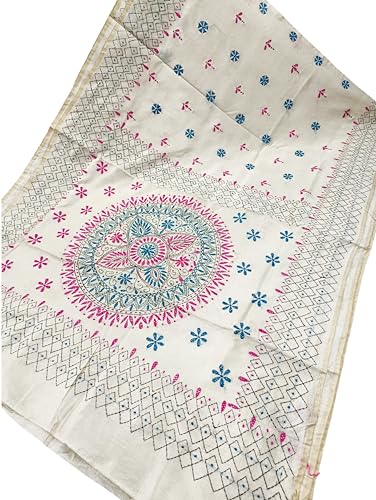Image of SHRISTI CLOTHINGS Women's Hand Embroidered Cotton Silk Kantha Stitch Saree with Blouse Piece (SB4200924 OFFWHITED92)