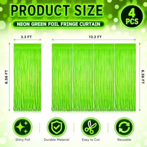 Image of 4 Pack Glow in The Dark Curtains Party Supplies 6.6 x 3.3 Ft Glow Tinsel Foil Fringe Curtains Photo Booth Prop Backdrop Streamer for Birthday Holiday Neon Party Decorations