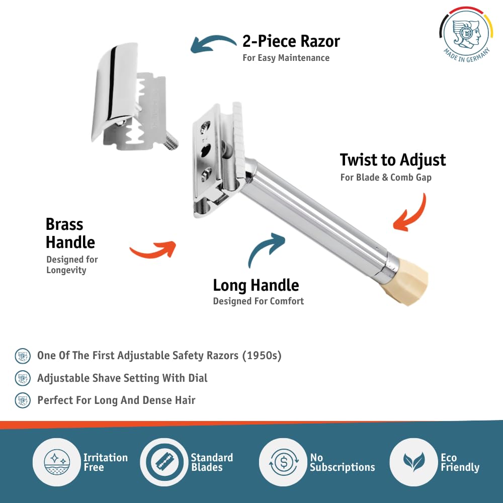 MERKUR Progress 510 Adjustable Double Edge Safety Razor - Long Handle Adjustable Razor With Dial Made in Germany Plastic-Free Closed Comb Straight Bar