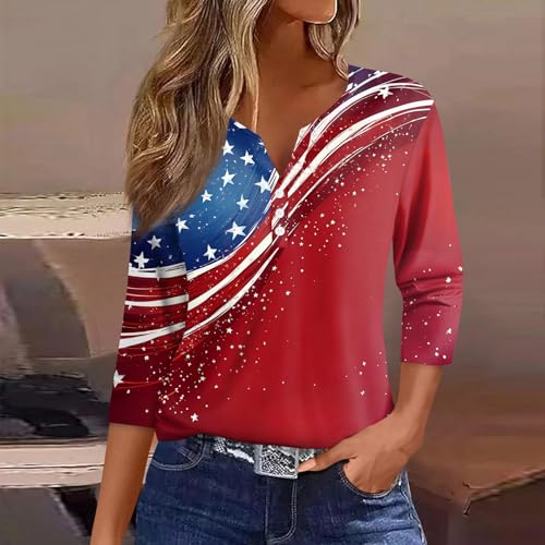 Image of 4th of July Shirts Women 3 /4 Length Sleeve Womens Tops Henley Neck Casual Patriotic T Shirts