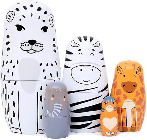 GGFLY 5pcsSet Wooden Leopard Russian Nesting Dolls Matryoshka Figurines Toy Home Decor Educational Birthday Gift 5.7x2.5x2.5