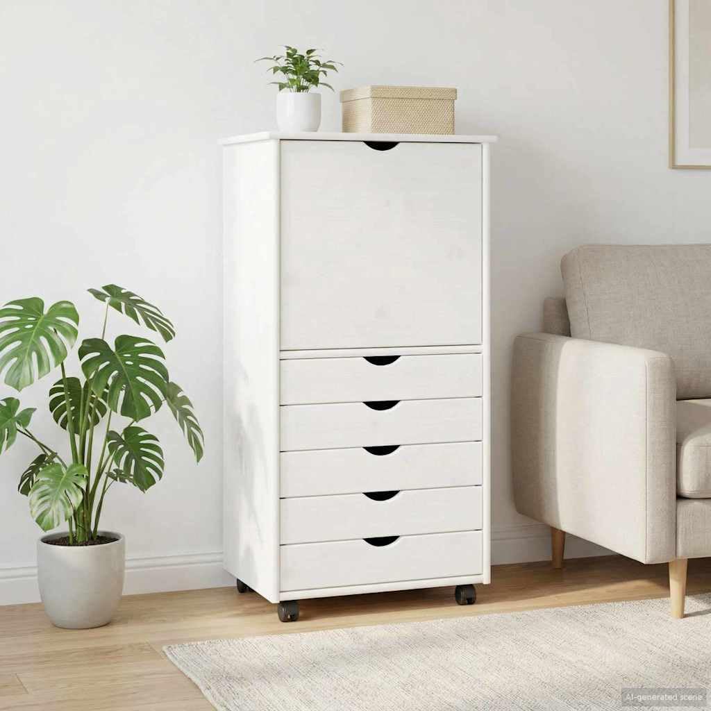 Rollschrank Kiefer Massivholz Weiß 53 x 39 x 103 cm Mobiler Rollcontainer mit 5 Schubladen und 1 Fach Moderner Beistellschrank für Home-Office Arbeitszimmer und Wohnzimmer