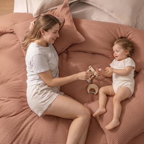 Image of PHF Waffle Weave Duvet Cover Set Queen Size, No Snagging Ultra Soft Luxury Textured Breathable Comforter Cover for All Season 3pcs, Durable Bedding Duvet Set with 2 Pillow Shams, 90 inchx90 inch, Terra Cotta