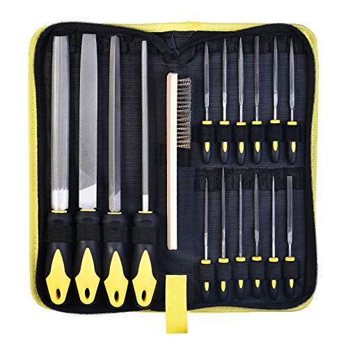 Metal File Set, Large Flat File/Half-round File/Triangle File/Round File and 12 pcs Needle Files with Storage Bag and Steel Brush for Woodwork, Metal, Leather and Plasticâ€¦