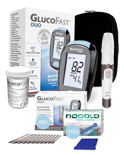 GLUCOFAST Duo Blutzuckermessgerät Bundle (mmol/L) – inkl. 50 Teststreifen & 100 Lanzetten | Starter-Set für präzise Diabeteskontrolle | einfach & hygienisch anzuwenden