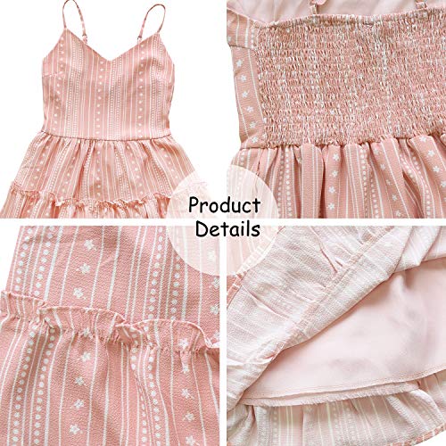 Image of FANCYINN Women Floral Casual Tiered Mini Dresses Spaghetti Strap V Neck Backless A Line Swing Short Dress with Pockets