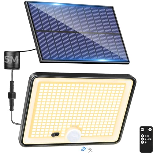 LOTMOS 1 Paquete Luz Solar Exterior Jardin, 342LED/Mando a Distancia Focos Led Exterior Solares Sensor De Movimiento, IP65 Impermeable Lampara Solar, 3 Modos Luces Solares Led Exterior Jardin, Garajes