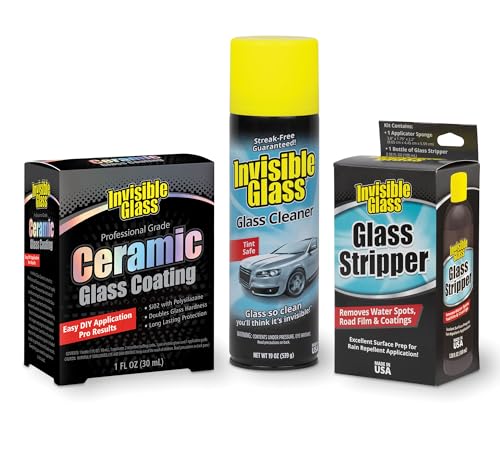 Image of Invisible Glass 99607 Glass Care Kit - Clean with Aerosol Glass Cleaner, Strip Water Spots with Glass Stripper, Protect with Ceramic Coating for Long-Lasting Hydrophobic Protection