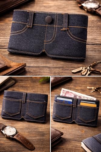 Image of Men's Denim Wallet - Slim Bifold Mini Jeans Style Fabric Wallet with Pocket | Lightweight Compact Card Holder & Cash Organizer | Casual Blue for Men Unisex