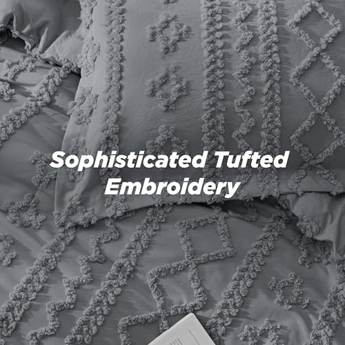 Bedsure Tufted Boho Comforter Set King Size - Grey Boho Bed Set, GentleSoft™ 3 Pieces Farmhouse Shabby Chic Embroidery Bedding, Gifts for Woman, Soft Jacquard King Comforter for All Seasons