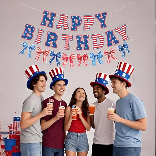Image of Bow Patriotic Happy Birthday Banner,4th /Fourth of July Decorations, Red White and Blue Independence Day Birthday Garland, Memorial Day Decorations for Indoor Outdoor