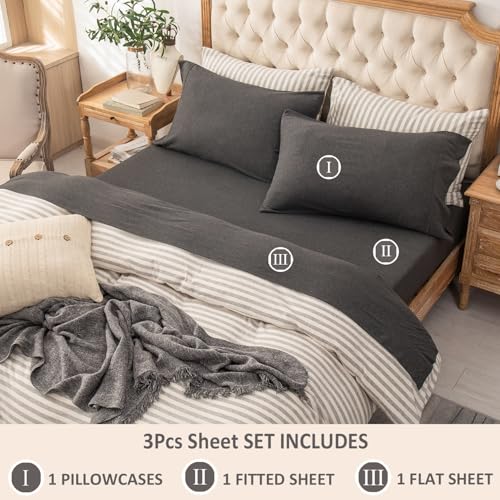 PURE ERA Jersey Knit 3pc Bed Sheet Set 100% T-Shirt Heather Cotton Super Soft Comfy Breathable Fits Mattress Up to 20" Extra Deep Pocket (Charcoal Dark Grey,Twin)