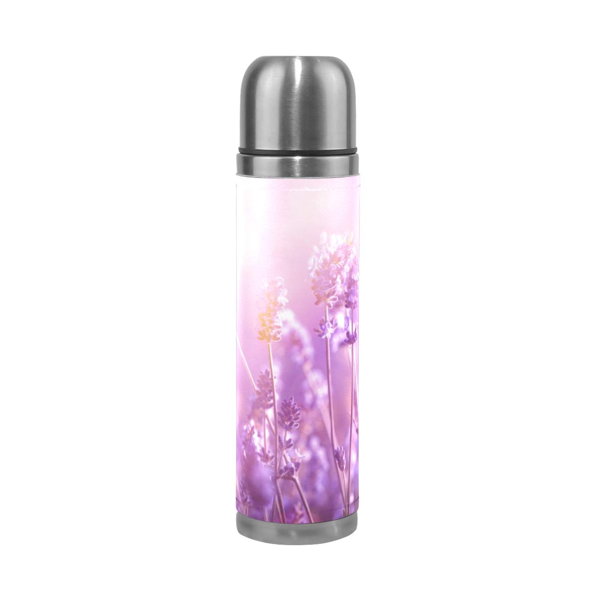 Taza de viaje con aislamiento al vacío, de acero inoxidable, con doble pared, a prueba de fugas, en campo de lavanda, personalizable, de piel auténtica, 500 ml