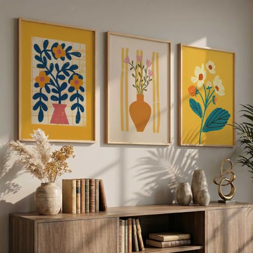 Image of kotart Aesthetic Floral Art Home Decoration | Boho Floral Paintings With Frame For Living Room Bed Room Hotel Wall Decor Digital Reprint Set of 3 (19X25 inch)
