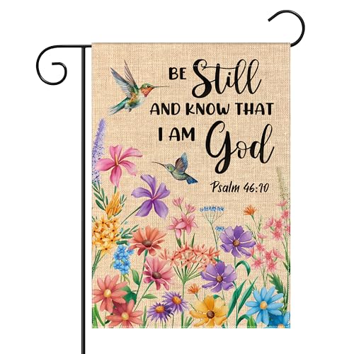 WATINC Christian Hummingbird Flower Garden Flag - 12 x 18 Inch Linen Religious Be Still and Know That I am God Yard Flag for Outside Spring Summer Double Sided House Outdoor Decor for Porch Lawn