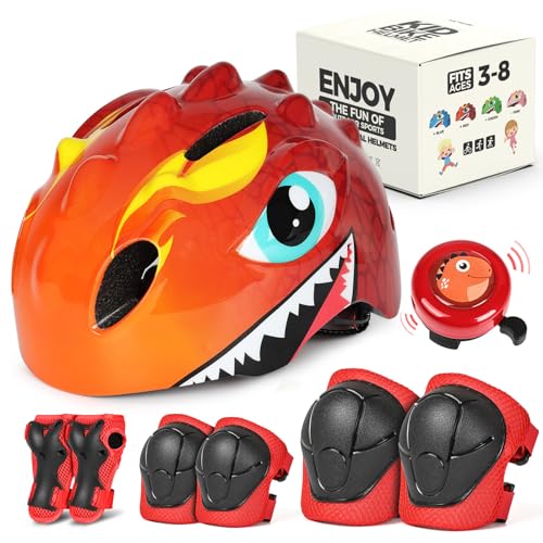 VICTGOAL Casco Bcicleta para Niños y Niñas Infantil, Casco de Scooter de Dibujos Animados Scooter, Triciclo y Monopatín, Tamaño Ajustable para niños de 3-8 años (S: 50-54cm, Rojo Set 2)