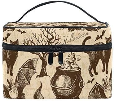 GIOVANIOR Vintage Halloween Black Cat Bat Print Large Cosmetic Bag Travel Makeup Organizer Case Holder for Women Girls…