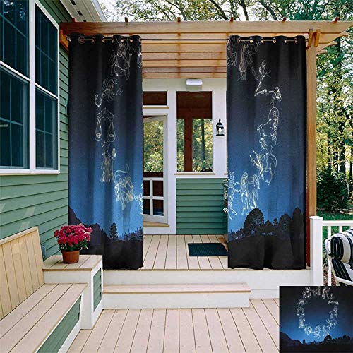 leinuoyi Astrology, Outdoor Curtain of Lights, Sketchy Zodiacal Sign Dots in Ombre Night Dark Sky in Forest Art Print, for Patio Waterproof W84 x L96 Inch Dark Blue and White