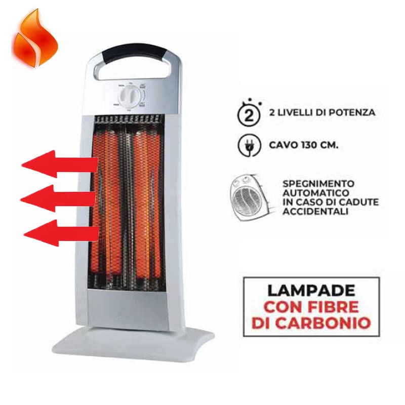 Virsus Stufa Carbonio elettr. basso consumo carbonio 900w, Risparmio Energetico con oscillazione, maniglia e sistema di sicurezza colore grigio stile alluminio e bordi bianchi 29x24x62cm -3111F1,7 - F
