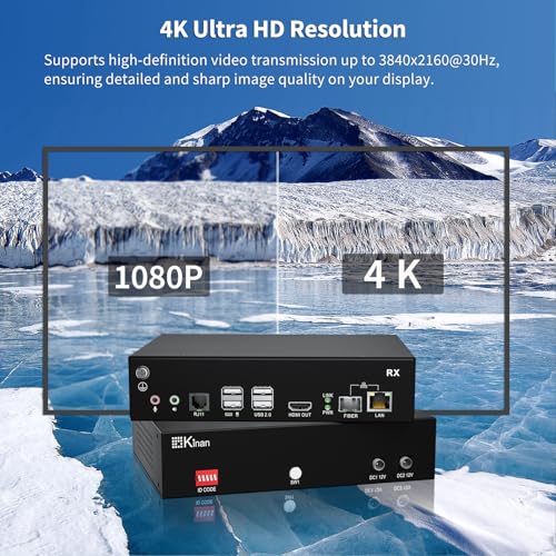 Image of Kinan 4K HDMI USB KVM Over Ethernet Extender, FHD HDMI Keyboard Mouse USB2.0 Over CAT5E or Optical Cable 4K@30Hz Up to 10KM, 2 USB 2.0 Ports, Loop Out, Near-Zero Latency, Plug & Play