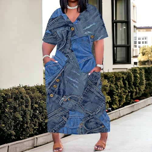 Image of SUZONANA Plus Size Denim Print Shirt Maxi Dresses for Curvy Women Casual Blue Jean Summer Outfits Long Short Sleeve Dress with Pockets Patchwork 4XL