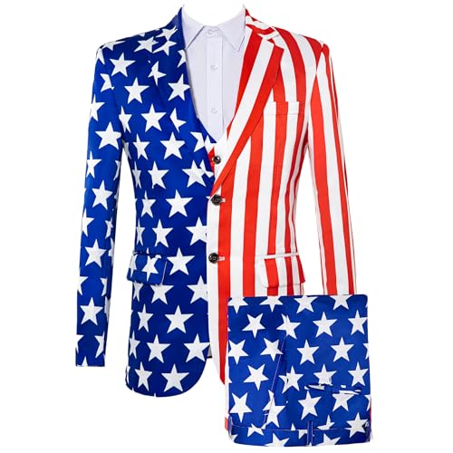 HBDesign Men's 3 Piece Suit Set with American Flag Pattern Vest with 4 Buttons